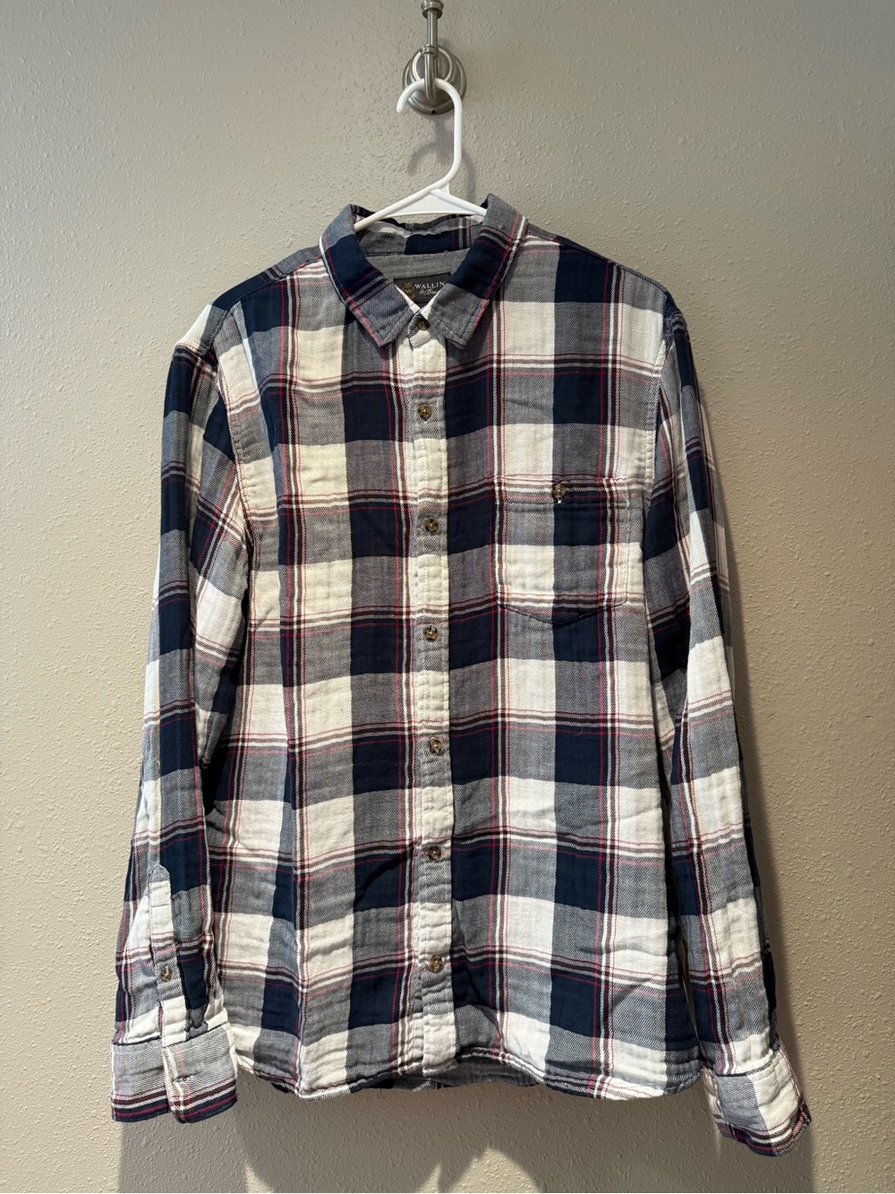 Wallin & Bros Navy Blue White Red Plaid Flannel Button Down Shirt Large